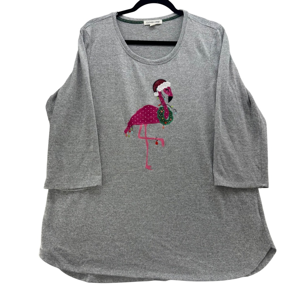 Clover Pine Women's XL Gray Christmas Flamingo Santa Knit Top 3/4 Sleeve Festive